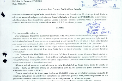 Cerere pentru incetarea suspendarii urmaririi penale din 14.03.2016