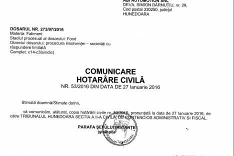 Dosar nr. 273/97/2016 - Admitere Faliment